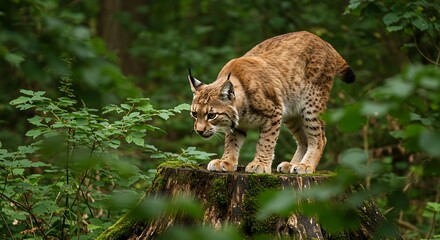 Obraz premium Eurasian lynx crouching on a mossy tree stump in a lush forest