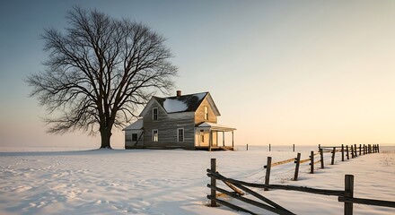 Old abandoned farmhouse in winter snow with bare tree and fence