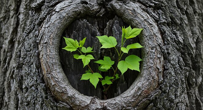 New green leaves sprout from a knot hole in an old tree trunk