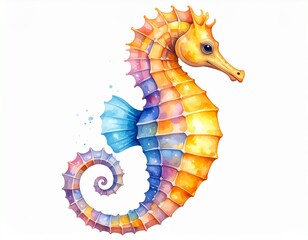 Seahorse, watercolor vector illustration. Colorful sea horse isolated on white background.