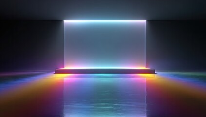 Empty stage, neon light, reflective floor