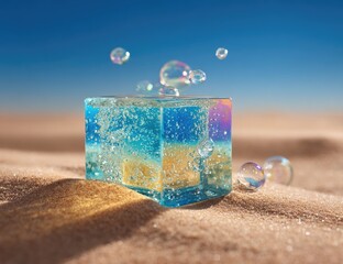Translucent cube, iridescent, on sand, with bubbles