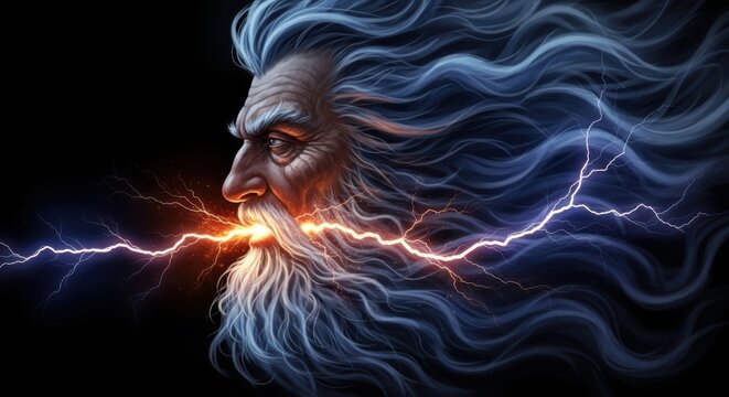 Majestic Ancient Man with Flowing White Hair and Beard Amidst Electric Energy
