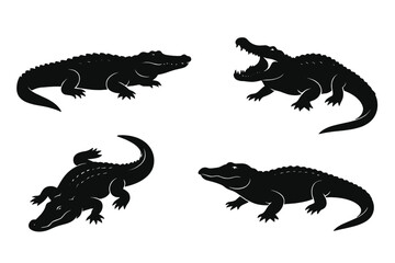 Naklejka premium Crocodile and Alligator Silhouette Set — Four Ferocious Reptile Icons in Different Poses, Predatory Wildlife Mascots for Swamp, Zoo, Adventure, Nature Education, Jungle Theme Graphics, Cut-Out Clipart