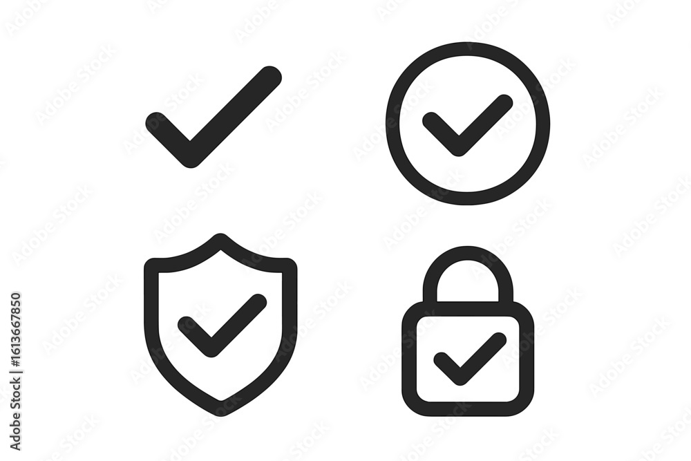 Poster check mark icons set. approved, verified, and protected symbols. quality certification and security 