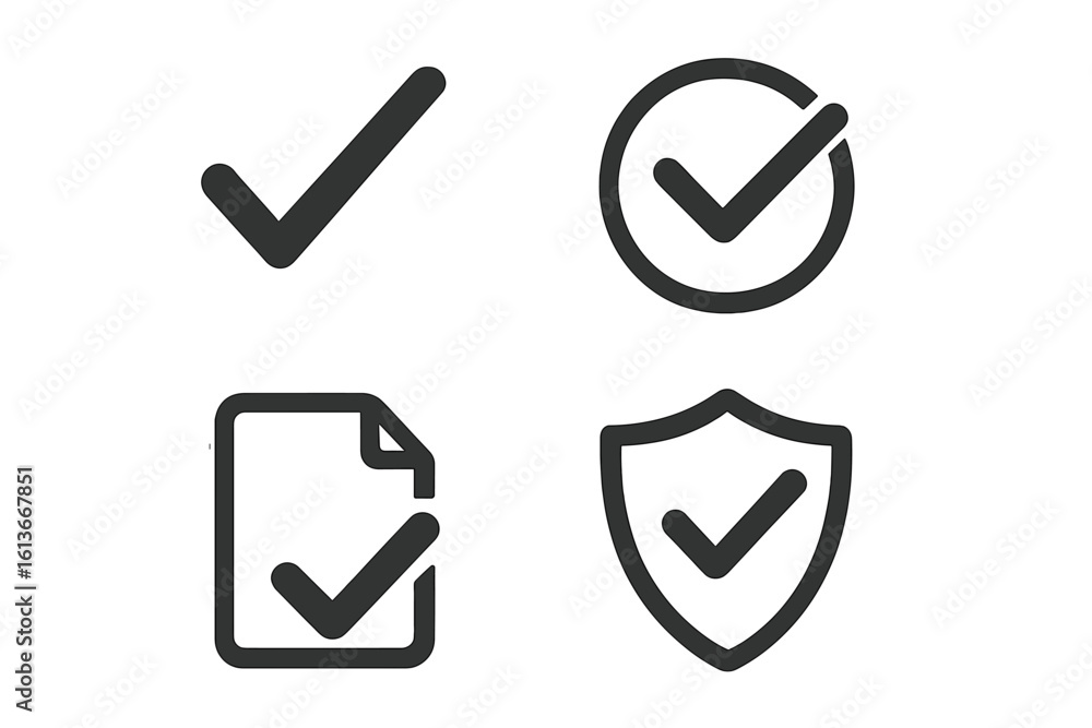 Poster check mark icon set for approval and verification. tick symbol in circle, on document and shield. ve