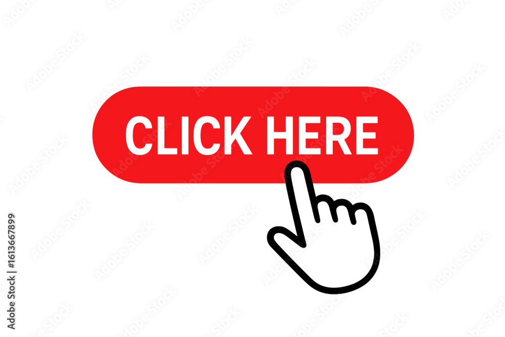 Poster click here button with hand cursor pointer. call to action icon for website. red cta button for web 