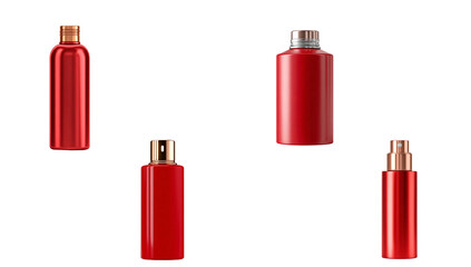 A collection of red cosmetic bottles for beauty products isolated on transparent background