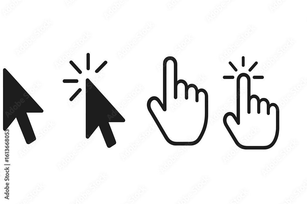 Aufkleber computer mouse cursor and hand pointer icon set. vector symbols for website button design. click and