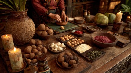 Fototapeta premium Food Preparation on Wooden Table with Ingredients and Candles