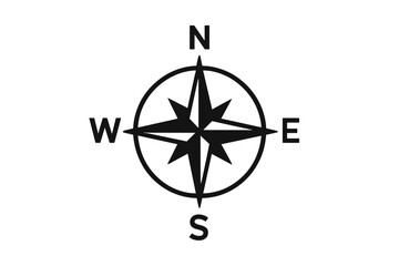 Compass icon vector symbol for navigation and travel. Wind rose sign showing direction north, south, east, west. Simple flat design for marine, map or logo. Isolated illustration.