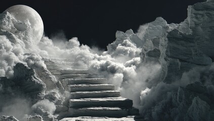 Snowy stairs to moonlit clouds