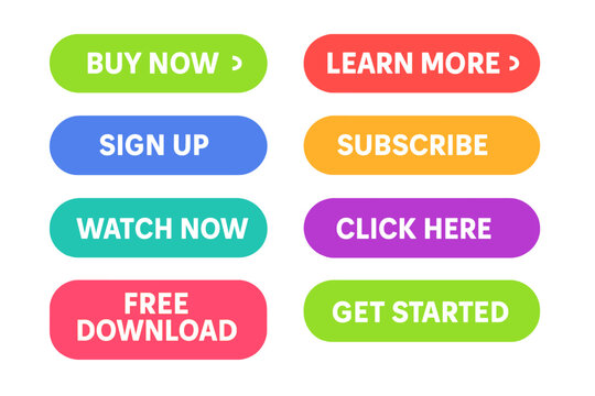 Colorful web buttons set for UI UX design. Call to action button collection with modern flat style. Vector illustration for website with subscribe, download, buy now.