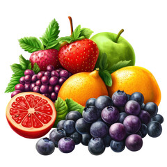 Vibrant Fruit Still Life Strawberries Blueberries Grapes Apple Citrus on transparent background