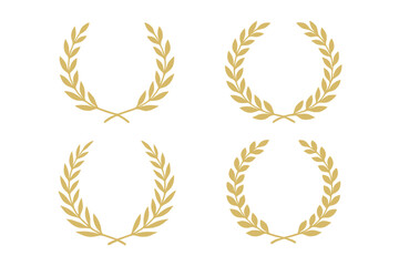 Golden laurel wreath set of four elegant vector elements, classic victory award branch icons, luxury achievement prize decoration clip art, isolated heraldic crown symbols on transparent background