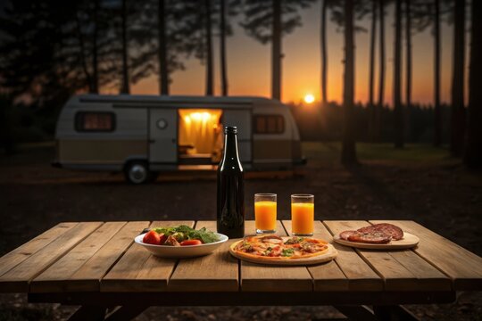 A delicious outdoor dinner is set up near a caravan in the forest at sunset