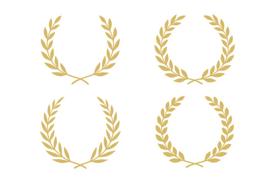 Golden laurel wreath set of four elegant vector elements, classic victory award branch icons, luxury achievement prize decoration clip art, isolated heraldic crown symbols on transparent background
