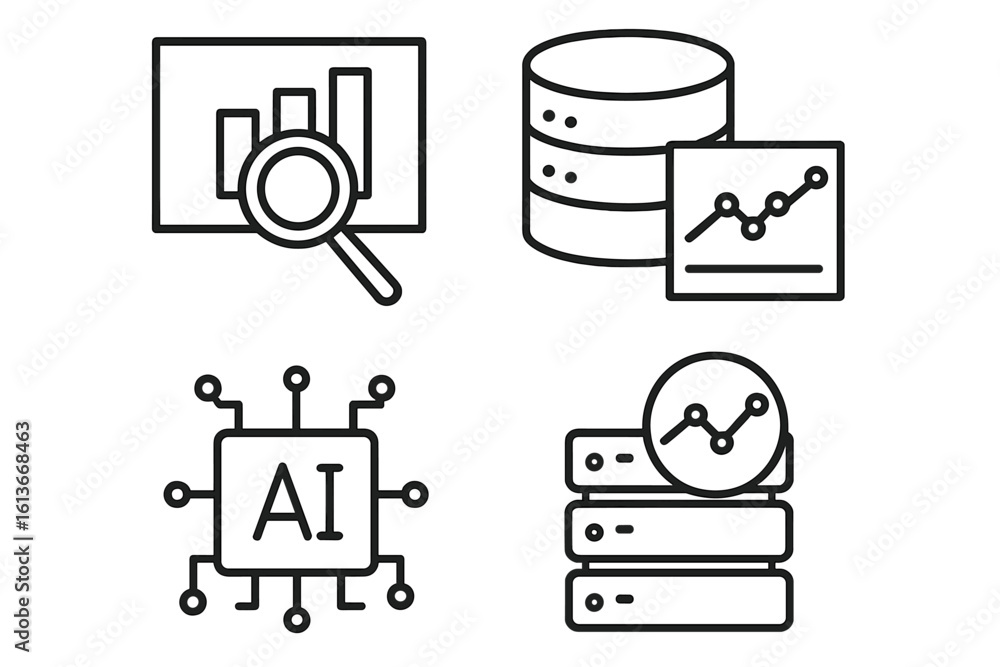 Poster data analytics icon set. line art symbols for big data, ai, and machine learning. vector icons for d