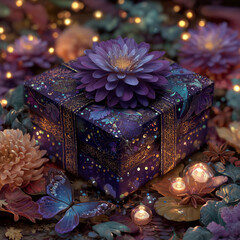 A purple box with a purple flower on top of it. The box is surrounded by flowers and butterflies