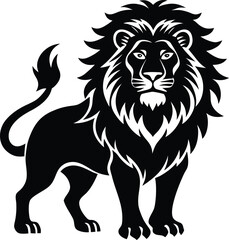 Regal Lion Illustration Vector Black & White Standing Lion with Majestic Mane & Powerful Posture