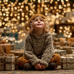 A young boy is sitting on the floor in front of a pile of presents, wearing a brown sweater and a yellow hat. He is looking up at the camera with a smile on his face