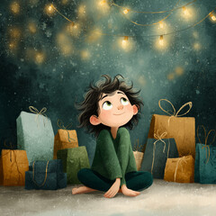 A young boy is sitting on the floor in front of a pile of presents. He is looking up at the lights, possibly in anticipation of opening his gifts. Concept of excitement and joy
