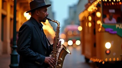 Jazz musician playing saxophone under city lights during winter holiday season, great for New Year ads or Mardi Gras street Jazz with  French Quarter buildings in the background.  4K, motion.