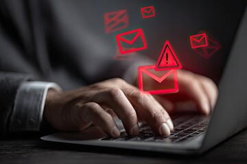 Person typing on a laptop, email alerts