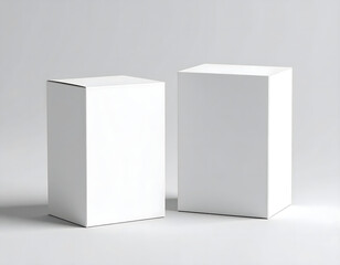 Minimalist product packaging mockup featuring two blank white cardboard boxes standing on a clean, neutral background for branding.