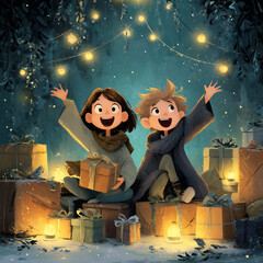 A girl and a boy are sitting on a pile of presents, both of them smiling. The scene is set in a dark room with a blue background, and there are several boxes around them. Scene is joyful and festive