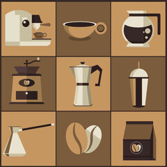 A stylish flat design collection of coffee-related items—featuring espresso machines, beans, grinders, and brewing tools. Perfect for coffee lovers and café-themed creatives.