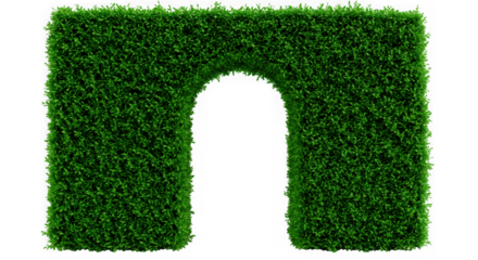 A lush green hedge shaped like an archway with an opening for passage isolated on transparent background