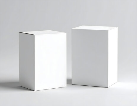 Minimalist product packaging mockup featuring two blank white cardboard boxes standing on a clean, neutral background for branding. - Powered by Adobe