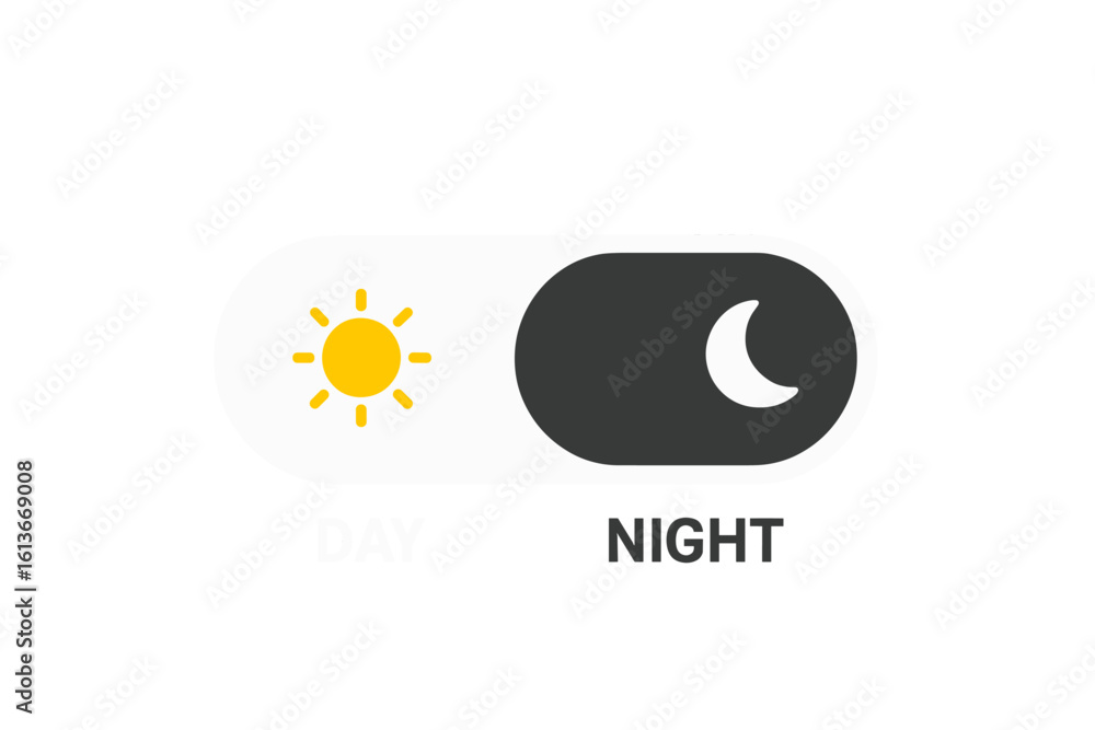 Poster day and night mode switcher toggle with sun and moon icons. ui on-off switch element for mobile app 