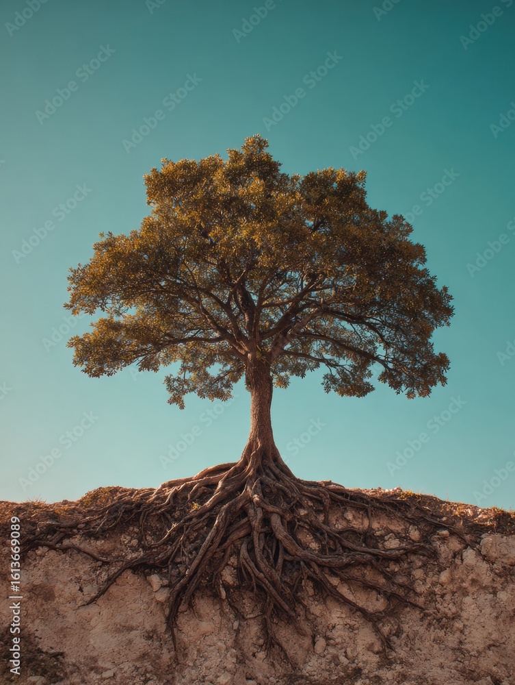 Poster growing tree symbolizing curiosity and resilience with branches reaching towards the open sky on a c