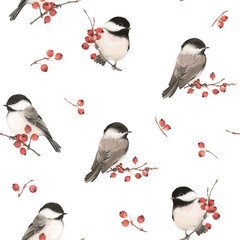 Branches hawthorn with red berries and cute birds chickadee, watercolor seamless winter pattern for wrapping paper, textile or holiday print. Hand drawn isolated illustration.