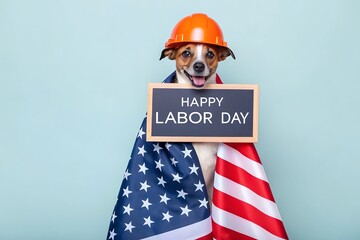 Happy labor day dog with american flag and hard hat patriotic holiday celebration funny pet image 