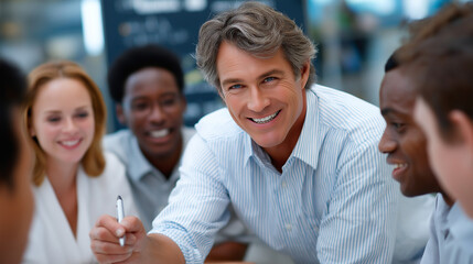 Diverse multi-generational team collaborating and brainstorming ideas using a digital whiteboard. Innovative and professional scene ideal for teamwork, corporate culture, business, and creative collab