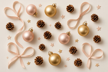 Christmas lay flat gold blush pink baubles small pinecones mini stars satin ribbon loops matte white background soft shadows luxurious minimalist styling cohesive pastel palette