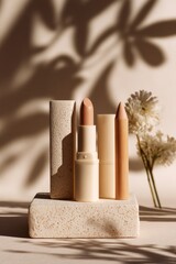 Beige cosmetic products displayed
