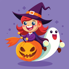 Cute Halloween Ghost and Witch with Jack-o'-Lantern &ndash; Fun Cartoon Vector Illustration