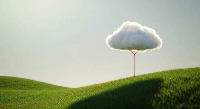 A fluffy white cloud floating over a green grass hill being held by a red string or piece of yarn, surreal scene