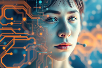Woman's Face with Futuristic Circuitry Overlay