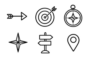 Direction and Navigation Icons Set—Outline Arrow, Target Bullseye, Compass Rose, North Star, Signpost, Map Pin—Hand-Drawn Style Minimal Line Art for GPS, Travel, Wayfinding, Goal Setting Concepts