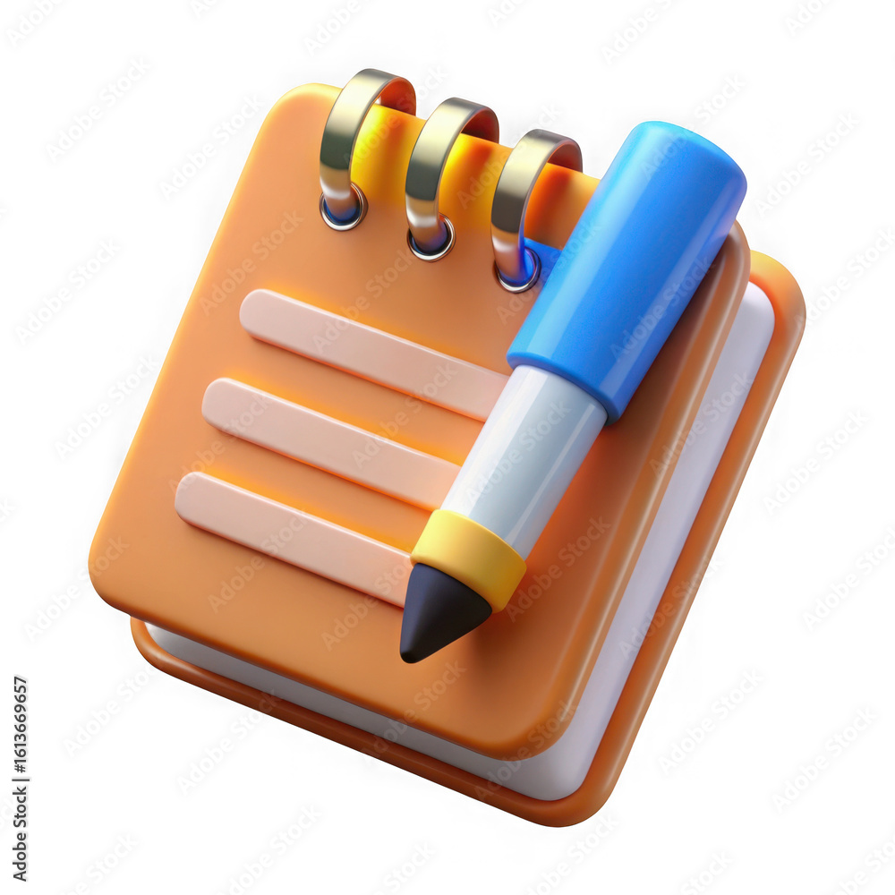 Poster 3d illustration of an orange notepad with lines and a blue pen resting on top isolated on transparen