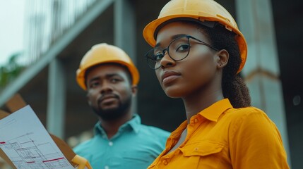 Two construction professionals in yellow hard hats review architectural plans at a modern building site, showcasing teamwork and focused expertise in urban development project
