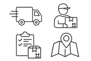 Delivery and logistics icon set in thin line style. Vector symbols for shipping, e-commerce. Fast truck, courier with package, order checklist, and map tracking pin.