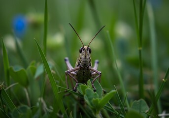 緑の中で静止する一匹のバッタのアップ写真