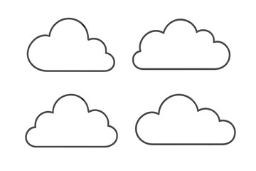 Cloud line icon set. Collection of simple outline weather symbols. Four different cloud shapes in a minimalist linear style. Vector graphic element for cloud computing or app.