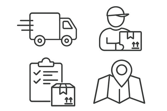Delivery and logistics icon set in thin line style. Vector symbols for shipping, e-commerce. Fast truck, courier with package, order checklist, and map tracking pin.
